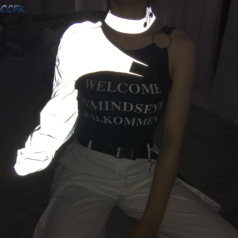 Tech Wear Accessories - Y2k-女性用反射モデルTシャツ,女の子用パンクウェア,不規則なカーゴトップス,非対称の裸の肩,ヒップホップアクセサリー