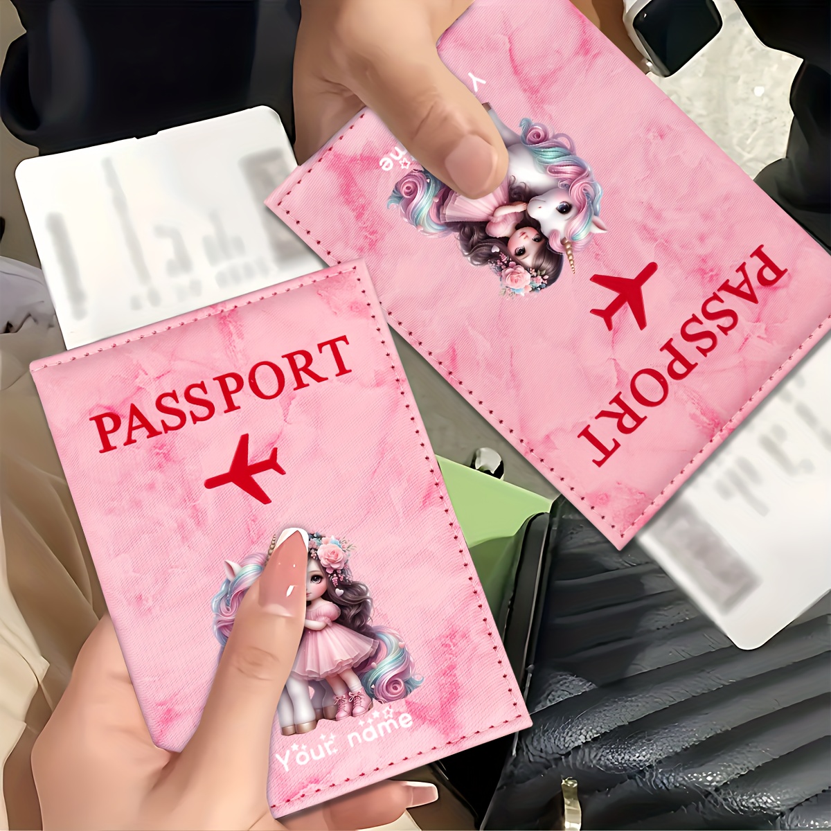 Tech Accessories For Travel - ユニコーンガールパターン PU パスポートホルダー ゴールデン飛行機アイコン付き カードスロット トラベルウォレット