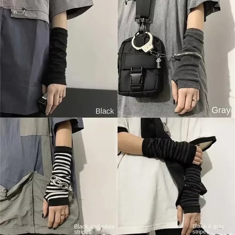 Y2K Tech Accessories - 黒パンクロングフィンガーレスグローブカフ女性男性用スポーツアウトドアグローブ肘ミトンクールストレッチアームウォーマーY2kアクセサリー