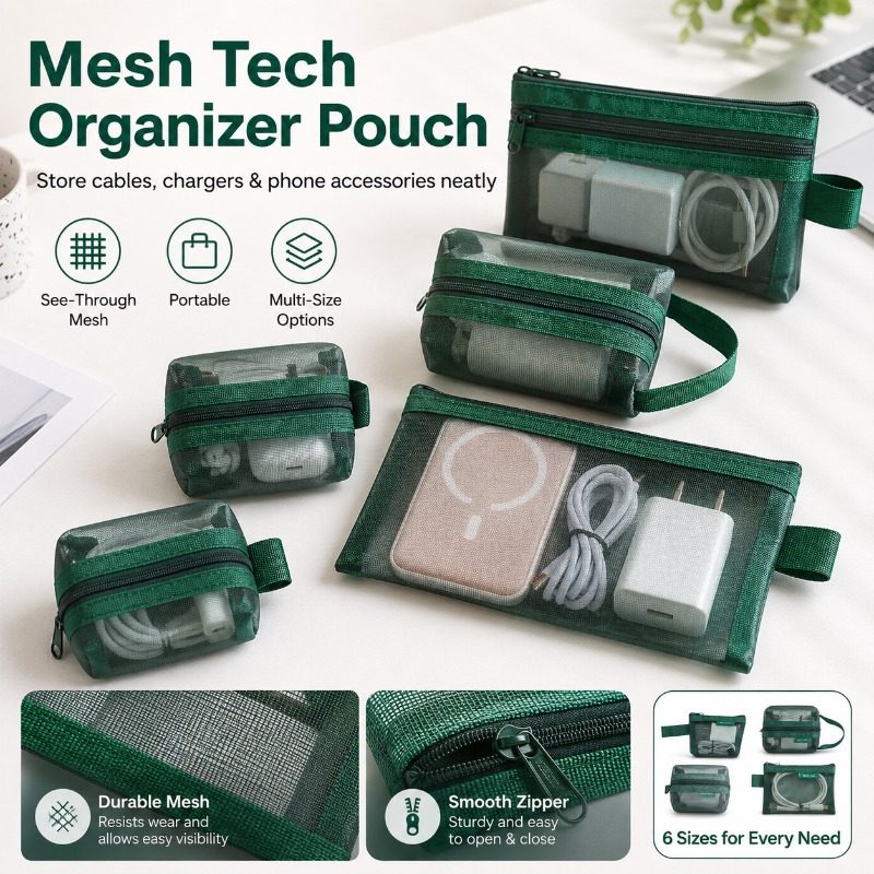 Tech Woven Accessories - 6個入りメッシュテックオーガナイザーポーチ、充電器、イヤホン、電話アクセサリー、旅行やオフィスの必需品用のポータブルケーブル収納バッグ
