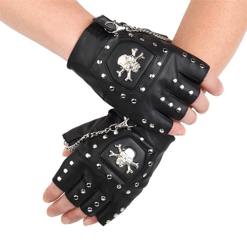 Tech Wear Accessories - スカルリベット手袋ストリートダンス男性ファッションパンクカップルチェーン手袋ナイトクラブ女性防水 Pu レザーハーフフィンガー手袋