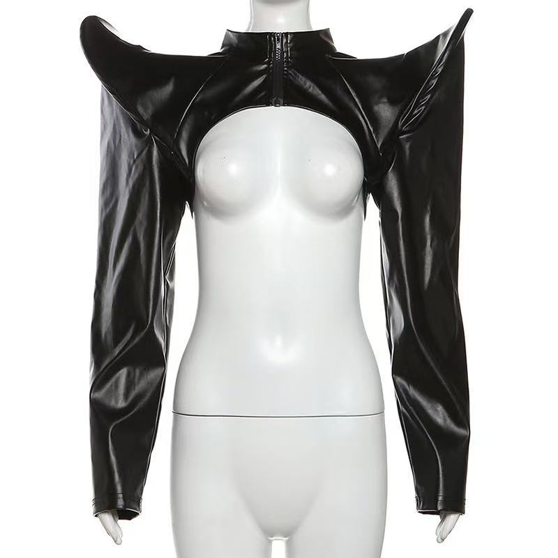 Tech Wear Accessories - 2024 女性 Y2k Pu レザージャケット黒のファッションパンク長袖ジッパーヒップスター作物コート原宿スチームパンクミニストリート