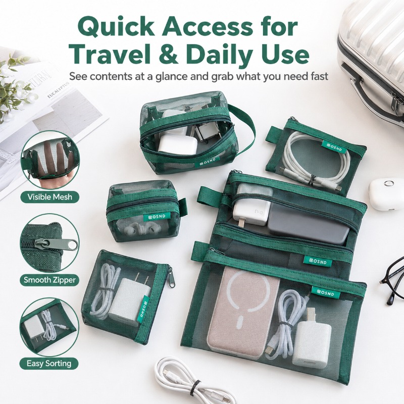 6個入りポータブルメッシュテックアクセサリーバッグ、充電器、 - Tech Woven Accessories のレビューと価格