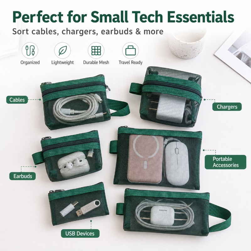 6個入りポータブルメッシュテックアクセサリーバッグ、充電器、 - Tech Woven Accessories のレビューと価格