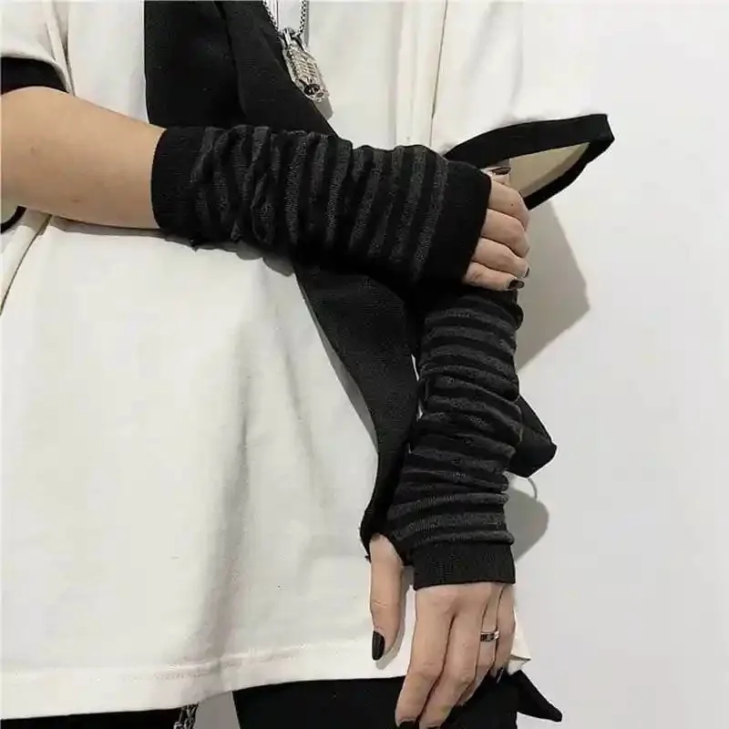 黒パンクロングフィンガーレスグローブカフ女性男性用スポーツア - Y2K Tech Accessories のレビューと価格