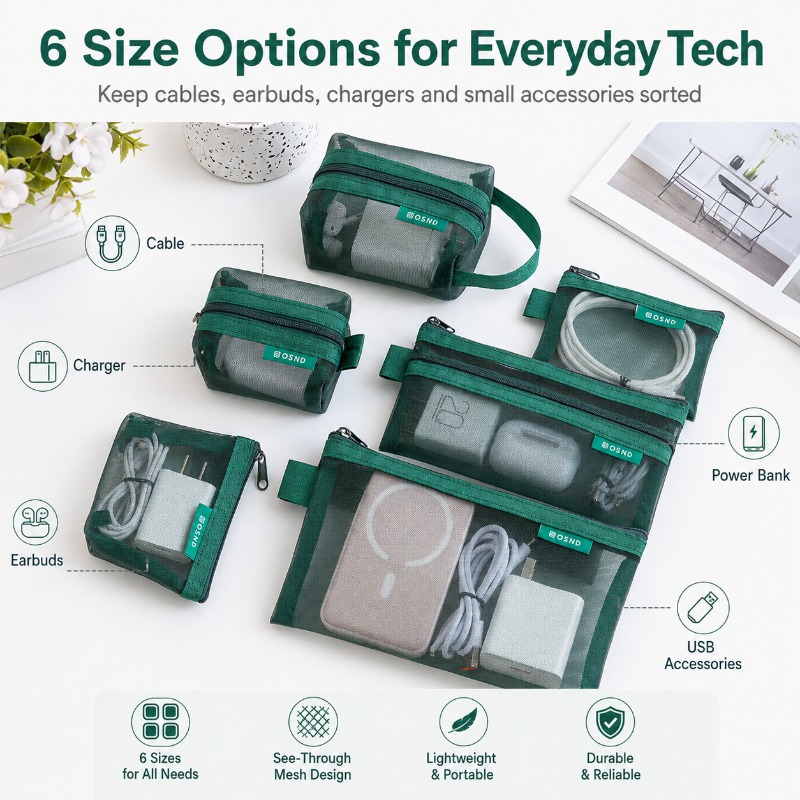 6個入りメッシュテックオーガナイザーポーチ、充電器、イヤホン - Tech Woven Accessories のレビューと価格