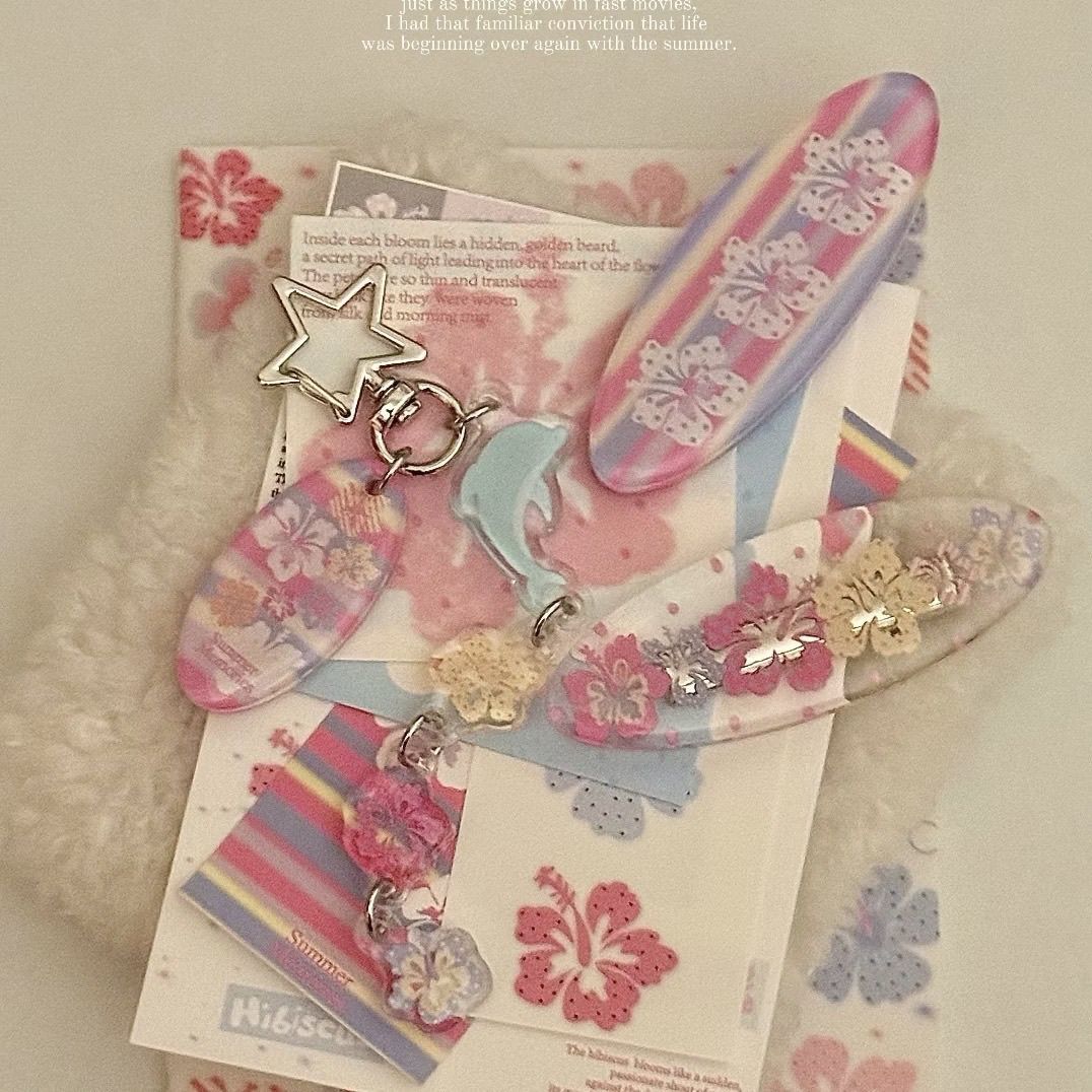 夏のハワイアンイルカハイビスカスキーホルダーパステルサーフボ - Tech Girl Accessories のレビューと価格